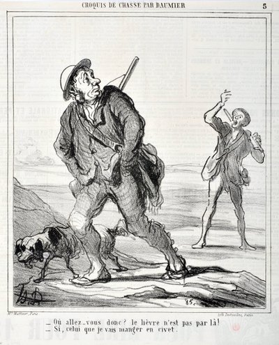Umělecké dílo Honore Daumiera (1808-1879) Charivari pochází z roku 1864: Serie Sketch de Chasse “” Ou va donc? Zajíc tam není! - Pokud ten, který budu jíst v cibetce”” MUSEE DES BEAUX ARTS - PALAIS LONGCHAMP, MARSEILLE od Honoré Daumier