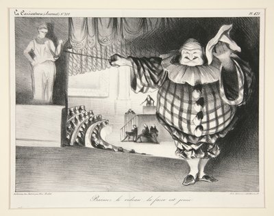 Baissez le rideau, la fraška est jou?e. (Spusťte závěs, fraška je u konce.), pl. 421 z časopisu La Caricature no. 201 od Honoré Daumier