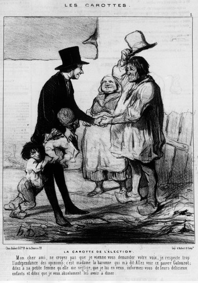 Kandidát na volební návštěvu v rodině rolníků: „“The Carrot of the Election““ – karikatura od Daumiera, v „“Charivari““ z 21.3.1844 od Honoré Daumier