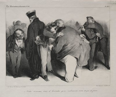 Karikatura, deska 439: Všichni jsme čestní muži, tak se obejmeme a skončíme s tím od Honoré Daumier