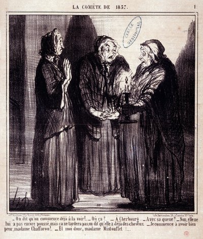 Karikatura o vědě. Serie Sur „“ kometa roku 1857““: „“ Říká se, že už ji začínáme vidět!...““ Rytina Honore DAUMIEROVÉ (1808-1879). Výňatek z novin „“Le Charivari““ ze 7. března od Honoré Daumier