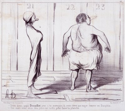 Karikatura o vzhledu. Série „“ The Bathers““: Řekněte tátovi Drouilletovi...““ Rytina Honore DAUMIEROVÉ (1808-1879). Výňatek z novin „“Le Charivari““. Rozměr 25 x 36 cm. box 12 Marseille, Musee des Beaux-Arts, Palais Longchamps, Collection Arts Graphi od Honoré Daumier