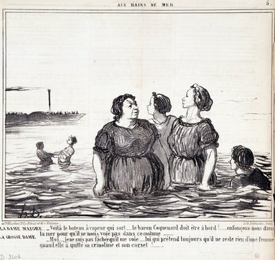 Karikatura o vzhledu a módě. Série „“ Les Bains de Mer““: „“ Hubená dáma (...), tlustá dáma (...)“ Rytina Honore DAUMIER (1808-1879). Výňatek z novin „“Le Charivari““ ze 16. září od Honoré Daumier