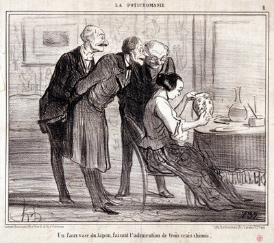 Karikatura o sběratelích umění. Série "" Potichomania"": "" Falešná váza z Japonska obdivující tři Číňany." Rytina Honore DAUMIEROVÉ (1808-1879). Výňatek z novin ""Le Charivari"" od Honoré Daumier