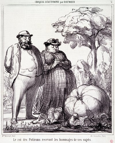 Karikatura o zahradničení. Série „“ Podzimní skica““: „“ Král dýní dostává pocty od svých poddaných““. Rytina Honore DAUMIEROVÉ (1808-1879). Výňatek z novin „“Le Charivari““ z 23. září od Honoré Daumier