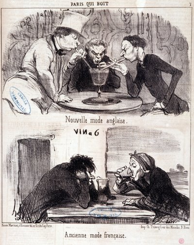 Karikatura o gastronomickém zneužívání. Série „Paris qui drinks“: nová anglická móda a stará francouzská móda. Rytina Honore DAUMIEROVÉ (1808-1879). Výpis z novin “” Le Charivari”” 23. června 1852 Rozměr 37x26 cm Inv D 2312 - krabice 24 N¡7. Marseille, Múz od Honoré Daumier