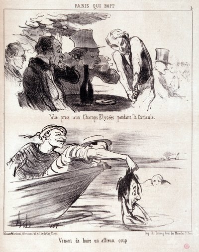 Karikatura o gastronomickém zneužívání. Serie “” Paris qui boire”””: “” pohled pořízený na Champs Elysees během vlny veder. Právě jsem vypil hroznou ránu." Rytina Honore DAUMIEROVÉ (1808-1879). Výňatek z novin „“Le Charivari““ z 5. června od Honoré Daumier
