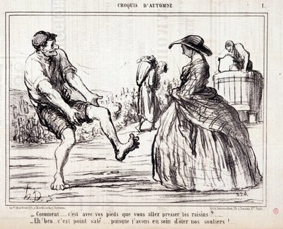 Kreslený film o kombajnech, kteří šlapou po hroznech naboso. Série „“ Podzimní skica““: „“ Jak... budete mačkat hrozny nohama? ...“ Rytina Honore DAUMIEROVÉ (1808-1879). Výňatek z novin ""Le Charivari"" od Honoré Daumier