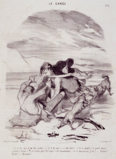Karikatura o lovcích. Série „“ The Beautiful Days of Life – The Hunting““: „“ Říkám vám, že jsem ho přiměl odejít...““ Rytina Honore DAUMIEROVÉ (1808-1879). Výňatek z novin „“Le Charivari““ z 10. ledna od Honoré Daumier