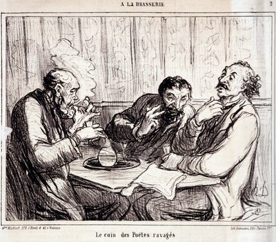 Karikatura o autorech básní. Série „“ A la brasserie““: „“ Roh zpustošených básníků“““. Rytina Honore DAUMIEROVÉ (1808-1879). Výňatek z novin “”Le Charivari”” 7. ledna od Honoré Daumier