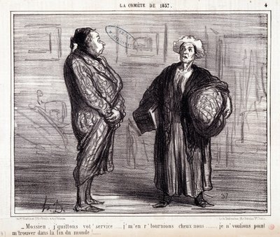 Karikatura o vědě. Série „“ Na kometě roku 1857““: „“ Mossieu, opouštím vaše služby...““ Rytina Honore DAUMIEROVÉ (1808-1879). Výňatek z novin „“Le Charivari““ z 13. března od Honoré Daumier