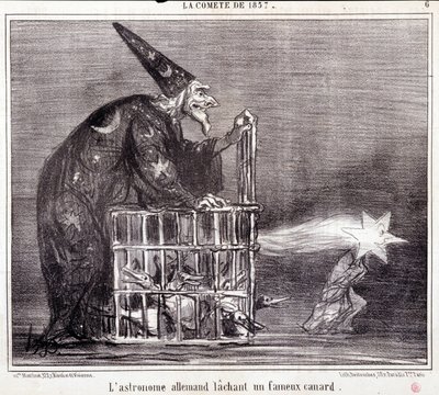 Karikatura o vědě. Serie Sur „“ kometa roku 1857““: „“ Německý astronom zanechávající slavnou kachnu“““. Rytina Honore DAUMIEROVÉ (1808-1879). Výňatek z novin ““Le Charivari”” 2. března od Honoré Daumier