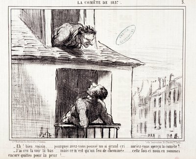 Karikatura o vědě. Serie Sur “” kometa roku 1857””””: “” No sousede... proč jsi tak křičel...”” Rytina Honore DAUMIEROVÉ (1808-1879). Výňatek z novin „“Le Charivari““ z 11. března od Honoré Daumier