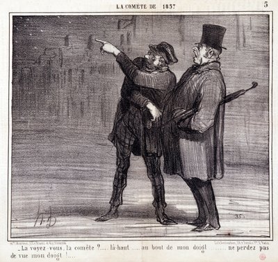 Karikatura o vědě. Seriál o „“ kometě roku 1857“: „“ Vidíš výbor?...“ Zloděj odvádí pozornost své oběti. Rytina Honore DAUMIEROVÉ (1808-1879). Výňatek z novin “”Le Charivari”” 19. března od Honoré Daumier