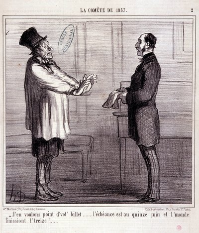 Karikatura o vědě. Série o „“ kometě roku 1857““: Nechci lístek...“ Rytina Honore DAUMIER (1808-1879). Výňatek z novin ““Le Charivari”” 4. března od Honoré Daumier