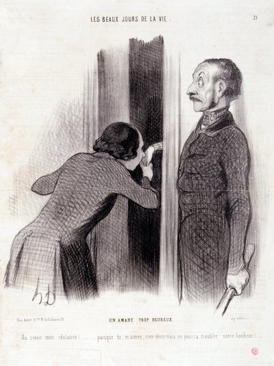 Karikatura o páru. Série „“ The Beautiful Days of Life““: „“ Milenec příliš šťastný...“ Rytina Honore DAUMIER (1808-1879). Výňatek z novin „“Le Charivari““ z 1. září od Honoré Daumier
