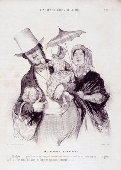 Karikatura o rodině. Série „“The Beautiful Days of Life“““: Neděle na venkově...“ Rytina Honore DAUMIER (1808-1879). Výňatek z novin „“Le Charivari““ z 21. července od Honoré Daumier