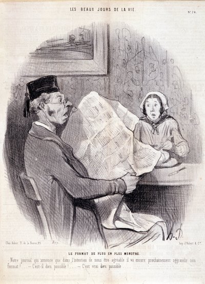 Karikatura o tisku. Série “” The Beautiful Days of Life”””: “” Formát stále více monster...””. Rytina Honore DAUMIEROVÉ (1808-1879). Výňatek z novin „“Le Charivari““ z 18. října od Honoré Daumier