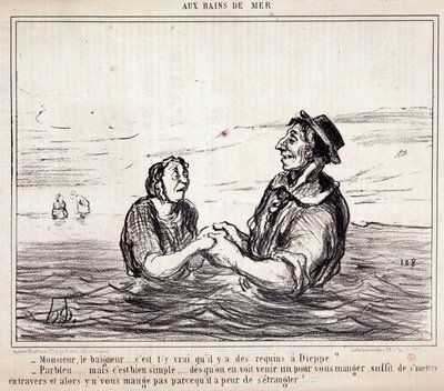 Karikatura o turistech na dovolené. Serie „“ aux Bains de Mer““: „“ Monsieur le bathneur... je pravda, že v Dieppe jsou žraloci?...“ Rytina Honore DAUMIEROVÉ (1808-1879). Výňatek z novin „“Le Charivari““ z 8. června od Honoré Daumier