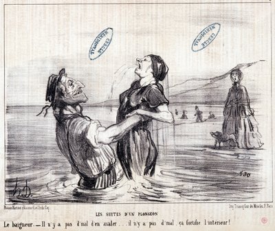 Karikatura o turistech na dovolené. Série „“ Les Bains de Mer““: „“ Vodní skica. Sekvence ponoru““. Rytina Honore DAUMIEROVÉ (1808-1879). Výtah z novin „“Le Charivari““ z roku 1853. Rozměr: 24x28cm. Inv 2453 - box 12 N¡1. Marseille, M od Honoré Daumier