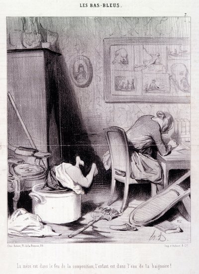 Karikatura o spisovatelkách. Serie “” Bas Bleus””””: “” Matka je v ohni kompozice, dítě je ve vodě vany! “” Rytina Honore DAUMIEROVÉ (1808-1879). Výňatek z novin „“Le Charivari““ z 20. února od Honoré Daumier
