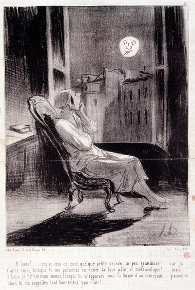Karikatura o spisovatelkách. Série “” Bas Bleus”””: “” O! Moon mě dnes večer inspiruje...““ Rytina Honore DAUMIEROVÉ (1808-1879). Výňatek z novin “”Le Charivari”” 28. února od Honoré Daumier