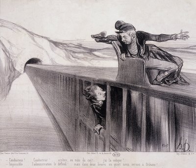 Daumierova karikatura "Les Chemins de Fer", sd. 19. století od Honoré Daumier