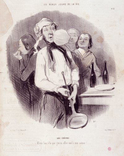 Karikatura nemotorného muže. Série „“ Les Beaux Days de la Vie““: „“ Les crepes... „“ Rytina Honore DAUMIER (1808-1879). Výňatek z novin “”Le Charivari”” 14. listopadu od Honoré Daumier