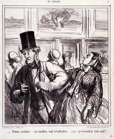 Kreslený film o milovníkech umění: Serie „“Au salon““: Nechme madam... tihle nahoti jsou revoltanti... vrátím se úplně sám““ Rytina Honore DAUMIEROVÉ (1808-1879). Výňatek z novin „“Le Charivari““ z 5. května od Honoré Daumier