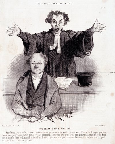 Karikatura o rozvodech: Série „“ Krásné dny života““: „“ Žádost o rozchod...““. Rytina Honore DAUMIEROVÉ (1808-1879). Výňatek z novin “”Le Charivari”” 29. ledna od Honoré Daumier