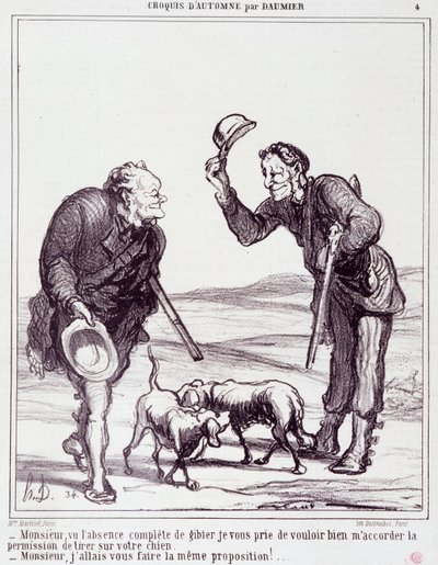 Cartoon on the hunters: Serie “” Autumn Sketch”””: “” Pane, vzhledem k naprosté absenci zvěře mi prosím udělte povolení zastřelit vašeho psa...”” Rytina Honore DAUMIER (1808-1879). Výňatek z novin „“Le Charivari““ z 28. září od Honoré Daumier