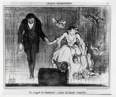 Dramatické skeče: vzpomínka na zpěváka, vrcholná komediální scéna. Ilustrace Honore Daumier (1808-1879), publikovaná v „“ Charivari“, z 9. ledna od Honoré Daumier