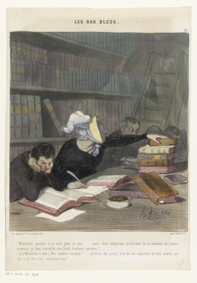 Postavy za čtecím stolem ve veřejné knihovně Les Bas Bleus (název série na objektu) od Honoré Daumier