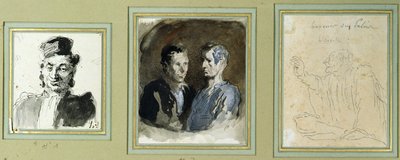 Čelní pohled na právníka, dva obžalované a právníka (tužka, myčka, wc a inkoust na papíře) od Honoré Daumier