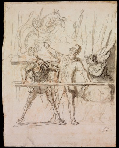 La Parade - The Side-Show - Daumier, Honore (1808-1879) - 1865 - Černá křída, akvarel na papíře - 39,8x30,4 - Muzeum Szepmuveszeti, Budapešť od Honoré Daumier