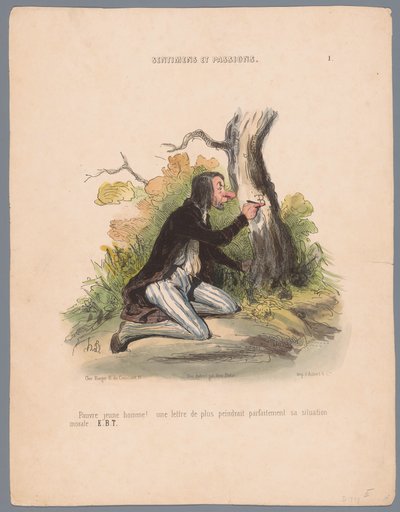 Člověk vyřezává iniciály do stromové kůry Pauvre jeune homme! (...) (název na objektu) Vášně a pocity (název série) Sentimens et passions (název série na objektu) od Honoré Daumier