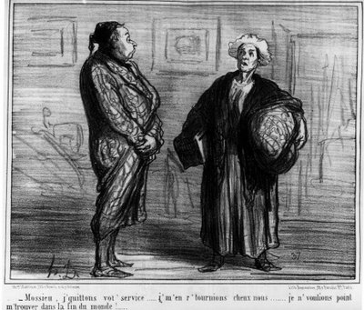 Mossieu, opouštím vaše služby... Nechtěl jsem být na konci světa!... Kreslený film Honore Daumier (1808-1879). "Serenáda" od Honoré Daumier