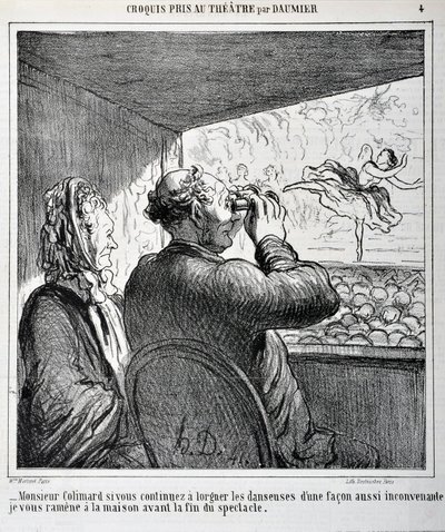 Pane Colimarde, pokud se budete na tanečníky i nadále dívat tak nevhodným způsobem, vezmu vás domů, než show skončí. Rytina Honore Daumiera (1808-1879) v „“Le Charivari““. Rozměr listu: 24,6 x 36 cm. Palais Longchamp, Musee des Beaux Arts de Mar od Honoré Daumier