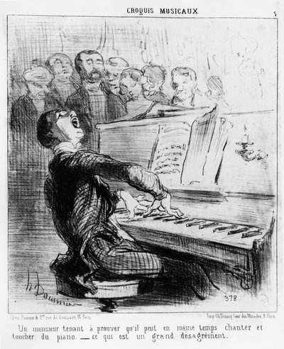 Hudební skeče: pán, který touží dokázat, že umí zpívat a přitom se dotýkat klavíru, což je velmi potupné. Ilustrace Honore Daumier (1808-1879), publikovaná v „“ Charivari“, datum 17. února 1852. od Honoré Daumier