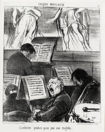 Hudební skeče: orchestr při hraní tragédie. Illustration d