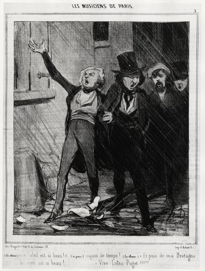 Hudebníci z Paříže: „Slunce je tak krásné!... Ošklivý čas!... A pak z Bretaně, nebe je tak krásné!... Vive Loisa Puget“ (1810-1889, skladatelka romantické hudby). Illustration d