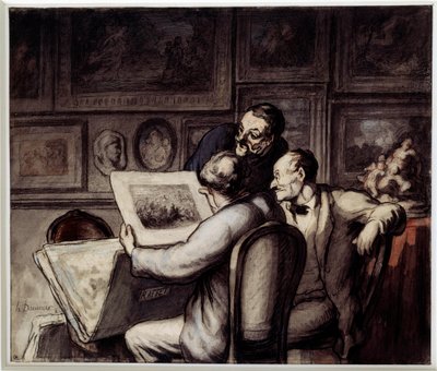 Milovníci tisku. Akvarel, kvaš a černá tužka, pero a inkoust z porcelánu od Honore Daumiera (1808-1879). Slunce. 0,26 x 0,31 Musee d