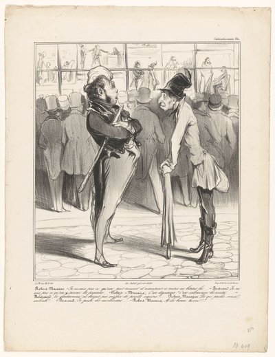 Robert-Macaire v rozhovoru s Bertrandem ve výloze tiskárny Caricaturana (název série na objektu) od Honoré Daumier