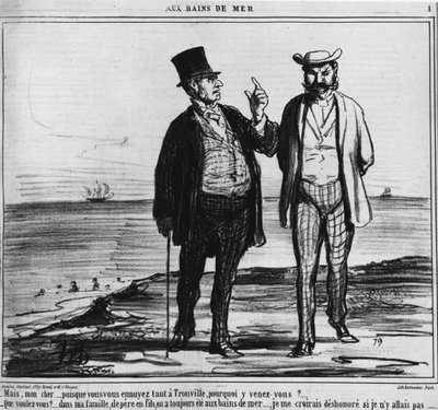 Přímořské koupele: Pařížané na pláži v Trouville s tíhou tradic a rodinných zvyků - Honore Daumier, v „“ Charivari““ z 25. 8. 1859 od Honoré Daumier