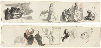 List studií se skupinou čtyř postav napravo (napravo) Náčrtky různých postav (verze) od Honoré Daumier