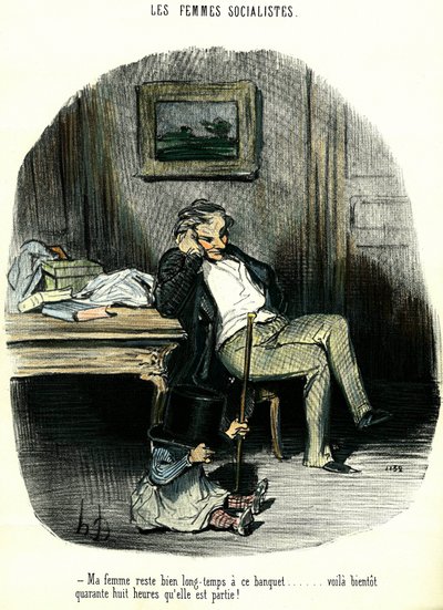 Socialistické ženy Antifeministická karikatura zobrazující muže, který s dítětem čeká na dva dny nezvěstnou manželku. Litografie od Honore Daumiera (1808-1879) Soukromá sbírka z 19. století od Honoré Daumier
