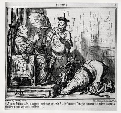 Tchinn Tchinn... Přinášíš mi dobré zprávy! Uděluji ti velkou čest políbit vznešený prach mých vznešených bot. V sérii En Chine, ilustrace Honore Daumier (1808-1879), publikované v „“ Charivari“, ze 7. prosince od Honoré Daumier