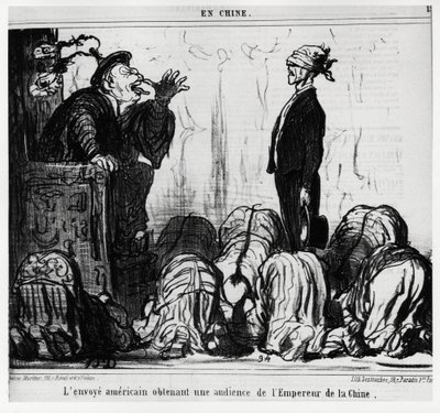 Americký vyslanec získává audienci od čínského císaře. V sérii En Chine, ilustrace Honore Daumier (1808-1879), publikované v „“ Charivari“, ze dne 21. října od Honoré Daumier