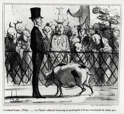 Zahrada rostlin v Pekinu: Číňané obdivující čtyřnožku Francie a pípnutí téže země. Ilustrace Honore Daumier (1808-1879), publikovaná v „Charivari“, China Actualites od Honoré Daumier