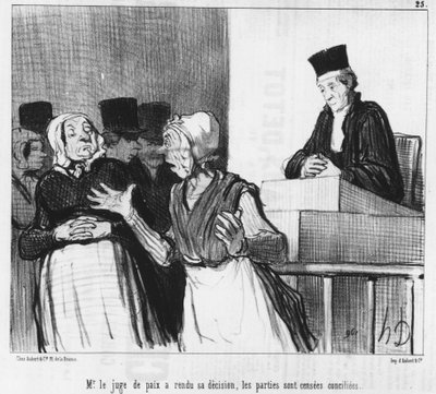 Smírčí soudce vynesl své rozhodnutí, strany se mají usmířit..., kreslený film Honore Daumier (1808-1879). "Serenáda". od Honoré Daumier